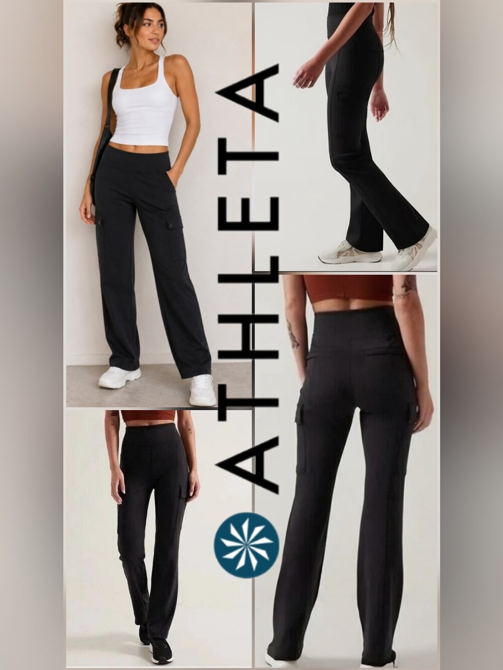 Athleta Delancy Black Straight High-Rise Straight Wide Leg Cargo Pants S/882625